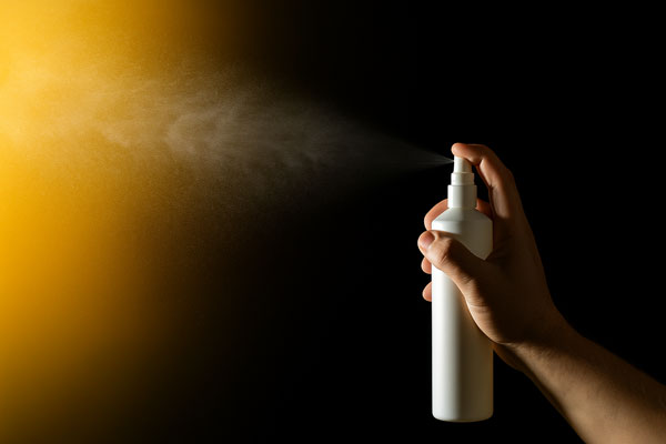 عکس عریض دست انسان در حال اسپری کردن بطری سفید روی پس‌زمینه مشکی با افکت ذرات اسپری در هوا، طراحی استودیویی برای بنر سایت