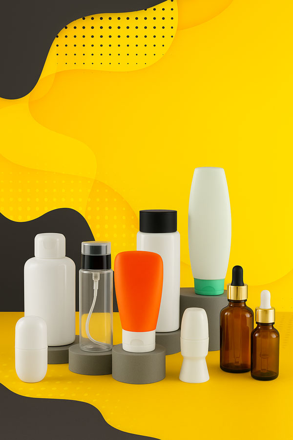 مجموعه ظروف آرایشی و بهداشتی شامل بطری پلاستیکی، تیوپ، مام رول، اسپری و شیشه قطره‌چکان قهوه‌ای روی استند خاکستری با پس‌زمینه زرد و مشکی مدرن