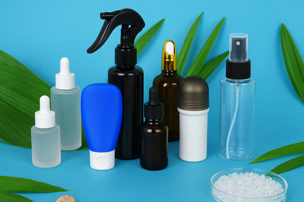 مجموعه‌ای از ظروف بهداشتی و آرایشی شامل شیشه قطره‌چکان مات و قهوه‌ای، بطری اسپری مشکی، تیوپ آبی، رول‌آن سفید و ظرف کرم روی پس‌زمینه آبی با برگ‌های سبز تزئینی