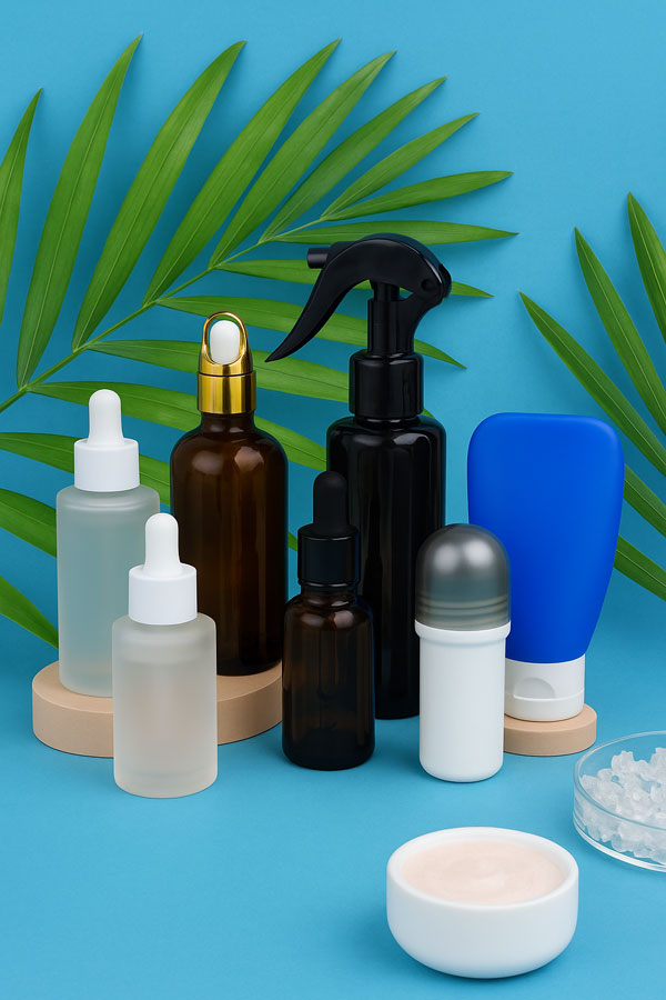 مجموعه‌ای از ظروف بهداشتی و آرایشی شامل شیشه قطره‌چکان مات و قهوه‌ای، بطری اسپری مشکی، تیوپ آبی، رول‌آن سفید و ظرف کرم روی پس‌زمینه آبی با برگ‌های سبز تزئینی