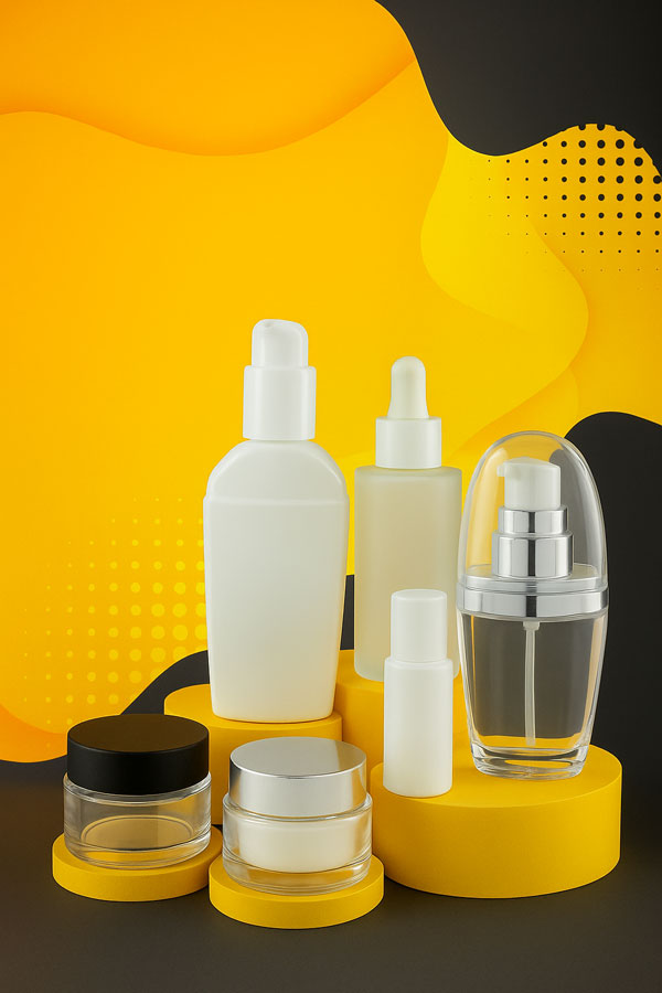 ست ظروف آرایشی و بهداشتی لوکس شامل بطری پمپ‌دار شفاف، شیشه قطره‌چکان، کرم‌دان و بطری سفید روی استند زرد با پس‌زمینه مدرن مشکی و زرد