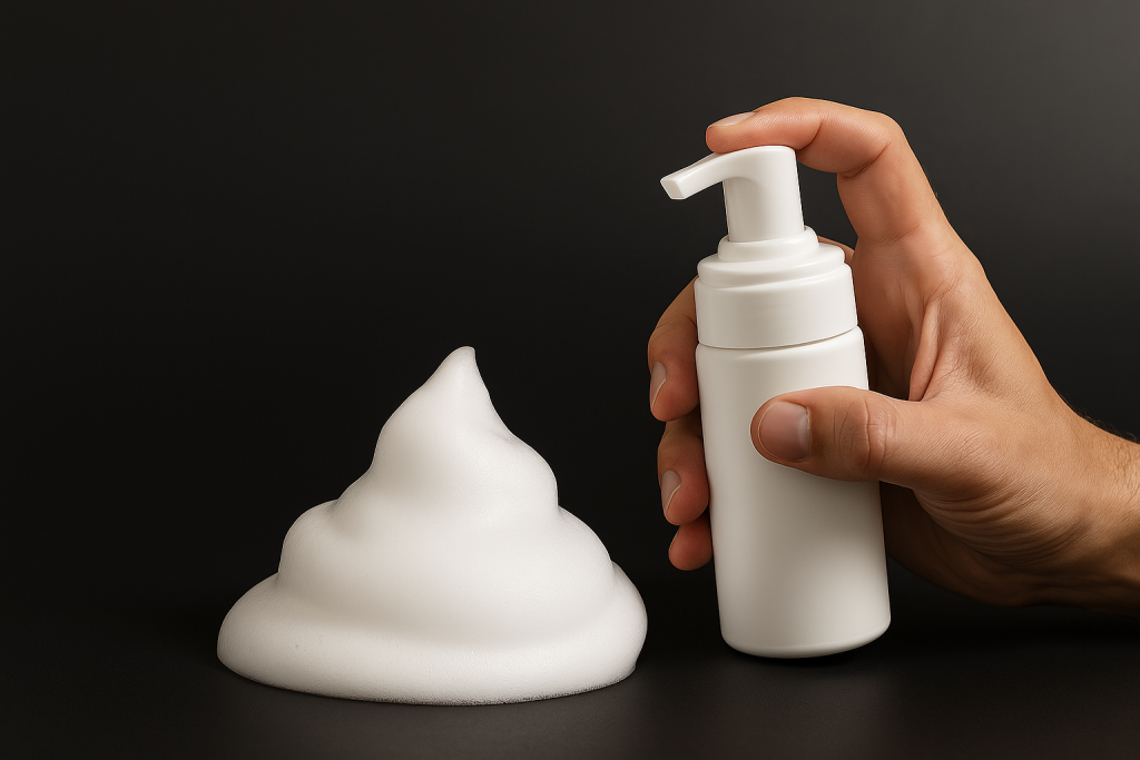 تصویر تبلیغاتی چند بطری پمپ فوم پلاستیکی سفید و شفاف در اندازه‌های مختلف، روی پس‌زمینه مشکی و زرد با نورپردازی استودیویی